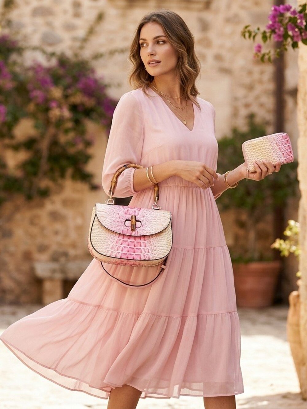 Rosé Bamboo Handle Crossbody Satchel Set